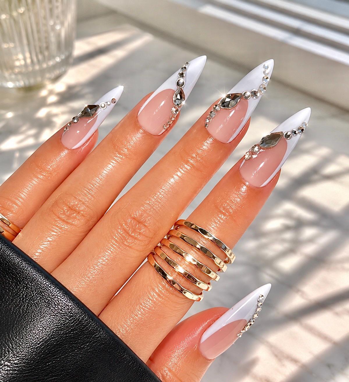 White French Tip silver gemstone Press On Nails: Handmade Gel, Reusable Nail Kit