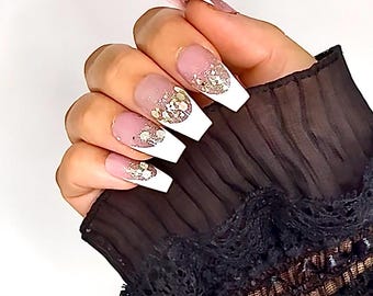 Silver French tip   French tip Gel Press On Nails with Prep Kit