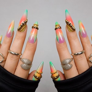 3D Bangle Chain Rainbow Stiletto Press On Nails, Full Cover Handmade Set