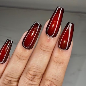 Aura Black to red fade luxury press on nails glue on nails all handmade with gel reusable durable prep kit included