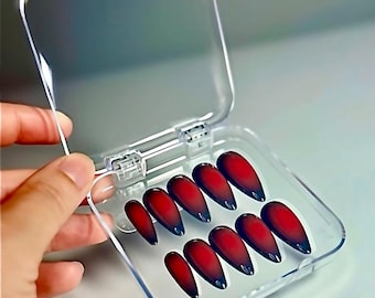 Uñas postizas de gel de lujo Aura, de negro a rojo / Set de uñas artísticas hechas a mano para una confianza sin esfuerzo, cumplidos y larga duración