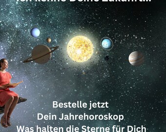 May include: A woman sits on a rock, reading a book, with a starry sky and planets in the background. The text reads "Ich kenne Deine Zukunft... Bestelle jetzt Dein Jahrehoroskop Was halten die Sterne für Dich im Neuen Jahr bereit?"