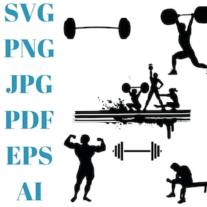 Fitness SVG, Workout Silhouette, Gym Silhouette, Barbell Svg, Bodybuilding Svg, Weights Svg, png, ai, eps
