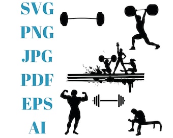 Fitness SVG, Workout Silhouette, Gym Silhouette, Barbell Svg, Bodybuilding Svg, Weights Svg, png, ai, eps