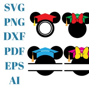 Peut inclure: Deux silhouettes noires et blanches de Mickey Mouse portant des chapeaux de graduation. Un chapeau est rouge, l'autre est bleu. Les deux ont un nœud sur le dessus. Un nœud est vert avec un nœud rouge, l'autre est jaune avec un nœud rose.