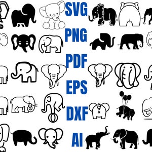 May include: A set of 10 black and white elephant illustrations in various poses. The illustrations are available in SVG, PNG, PDF, EPS, DXF, and AI file formats.