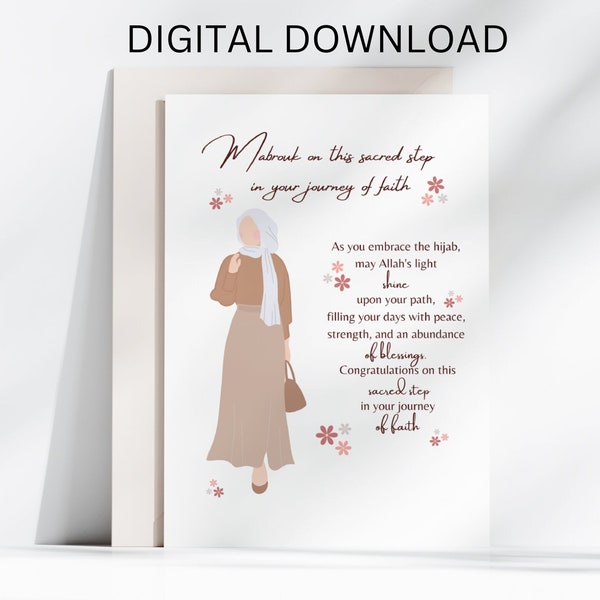 New Hijabi Greeting Card Mabrouk Hijab Printable Card With Beautiful Words Muslim Girl Card Digital Download 5x7 In.