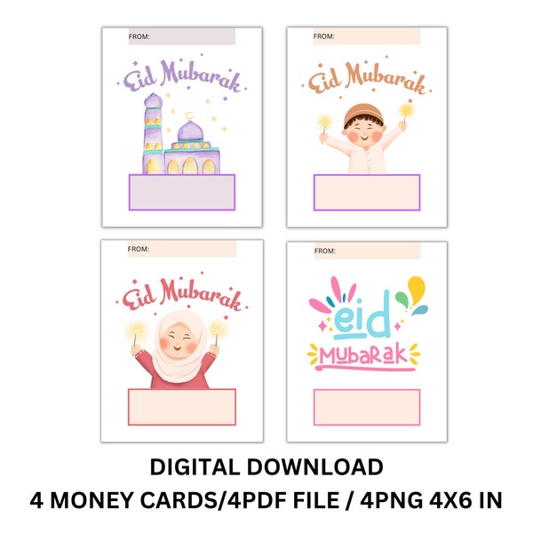 Carte de l'Aïd, 4 modèles différents, cadeau de l'Aïd pour les enfants, porte-monnaie de l'Aïd, gif islamique, carte de l'Aïd Mubarak, téléchargement numérique, 4 x 5 po.