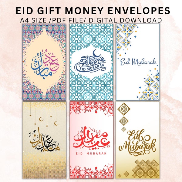 Enveloppe cadeau Eid Mubarak imprimable, 6 enveloppes, téléchargement numérique, pdf