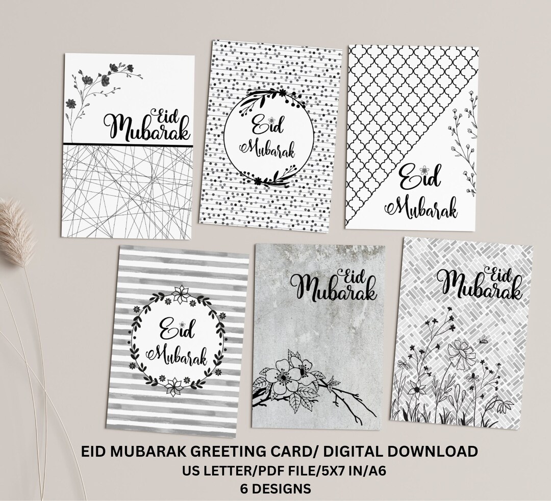 Eid Mubarak Printable Cards 6 Different Designs Black and White Islamic ...