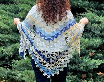 Hand knitted wool shawl, Unique colour combination shawl, Triangle shawl, Triangle wrap scarf,