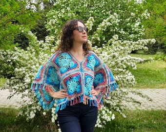Handmade cotton patchwork poncho,turqoise base colourful poncho, boho style poncho, ethnic clothes