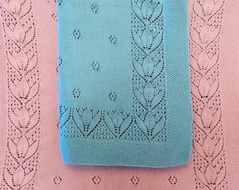 Handmade Cotton Baby Blanket, Lace Floral Knit, Newborn Gift