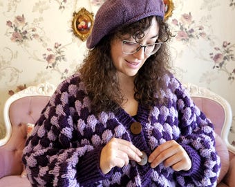 Hand knitted three - dimensional balloon sleeve wool blend Crop cardigan
