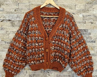 Hand knitted three - dimensional balloon sleeve wool blend Crop cardigan
