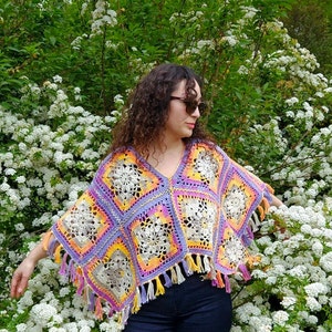 Handmade cotton patchwork poncho,puple-orange base colourful poncho, boho style poncho, ethnic clothes