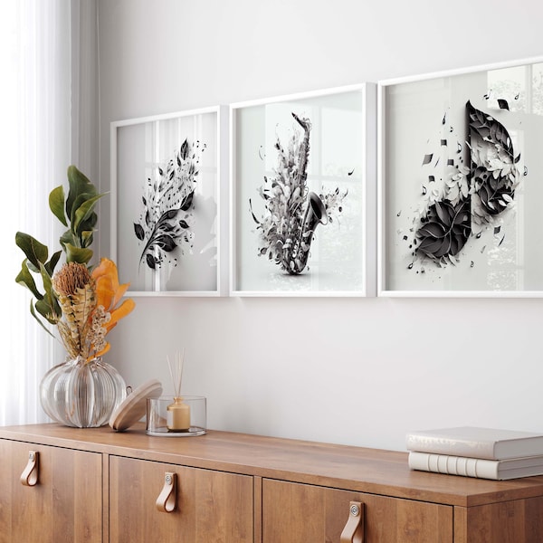 Set of 3 Saxophone and Flowers Digital Paintings Instant Download