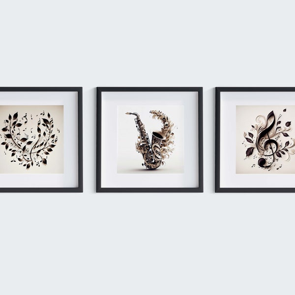 Set of 3 Saxophone and Flower Petals Digital Painting Instant Download