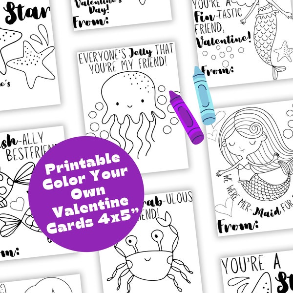 Color Your Own Valentine's Cards for Kids - DIGITAL DOWNLOAD, Non-Editable, 6 Mermaid And Sea Vday Cards Gift, Classroom Party,Vday Coloring