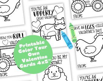 Valentine Coloring Cards, Farm Animals Printable Valentine's Day Cards, Kids Valentines, Coloring Valentines Card Prints, Classroom Cards