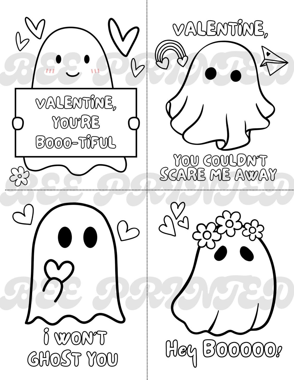 Valentine Coloring Cards, Cute Ghost Printable Valentine's Day Cards