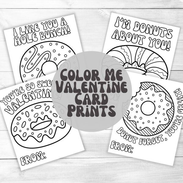 Coloring Valentine's Cards Printable- DIGITAL DOWNLOAD - Non-Editable - Valentine's Day Donuts Gift,Classroom Party,Color Your Own Vday Card