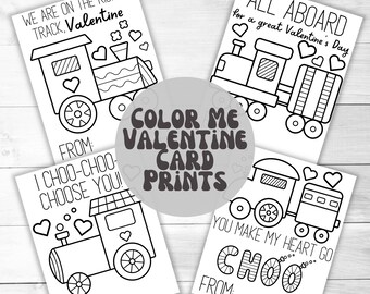 Color Your Own Valentine's Cards, Train Valentine Cards,Printable Coloring Cards, Valentine Cards To Color For Kids, Coloring Card Prints,