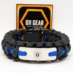 Police Dept Badge Thin Blue Line Paracord Bracelet - Black with a Royal Blue stripe. Back the Blue Survival bracelet.