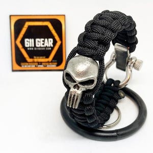 The Punisher Skull Pewter Bead Paracord Bracelet - Black Paracord