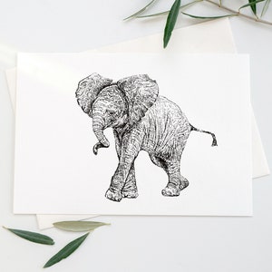 Carte de voeux avec éléphant - Illustration noir et blanc - A6 - Encre - Dessin au stylo - Animaux - Safari - Carte - BigFive