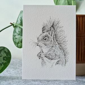 Wenskaart met eekhoorn - Zwart-Wit illustratie - Pentekening - Inkt - Kaart - Handgemaakt - Dieren