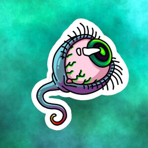 May include: A cartoon eyeball with a green iris and a long, curled tail. The eyeball is pink and has green veins. The tail is blue and white.