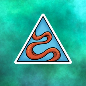 May include: A sticker with a white border and a blue triangle inside. The triangle contains a brown, wavy line.