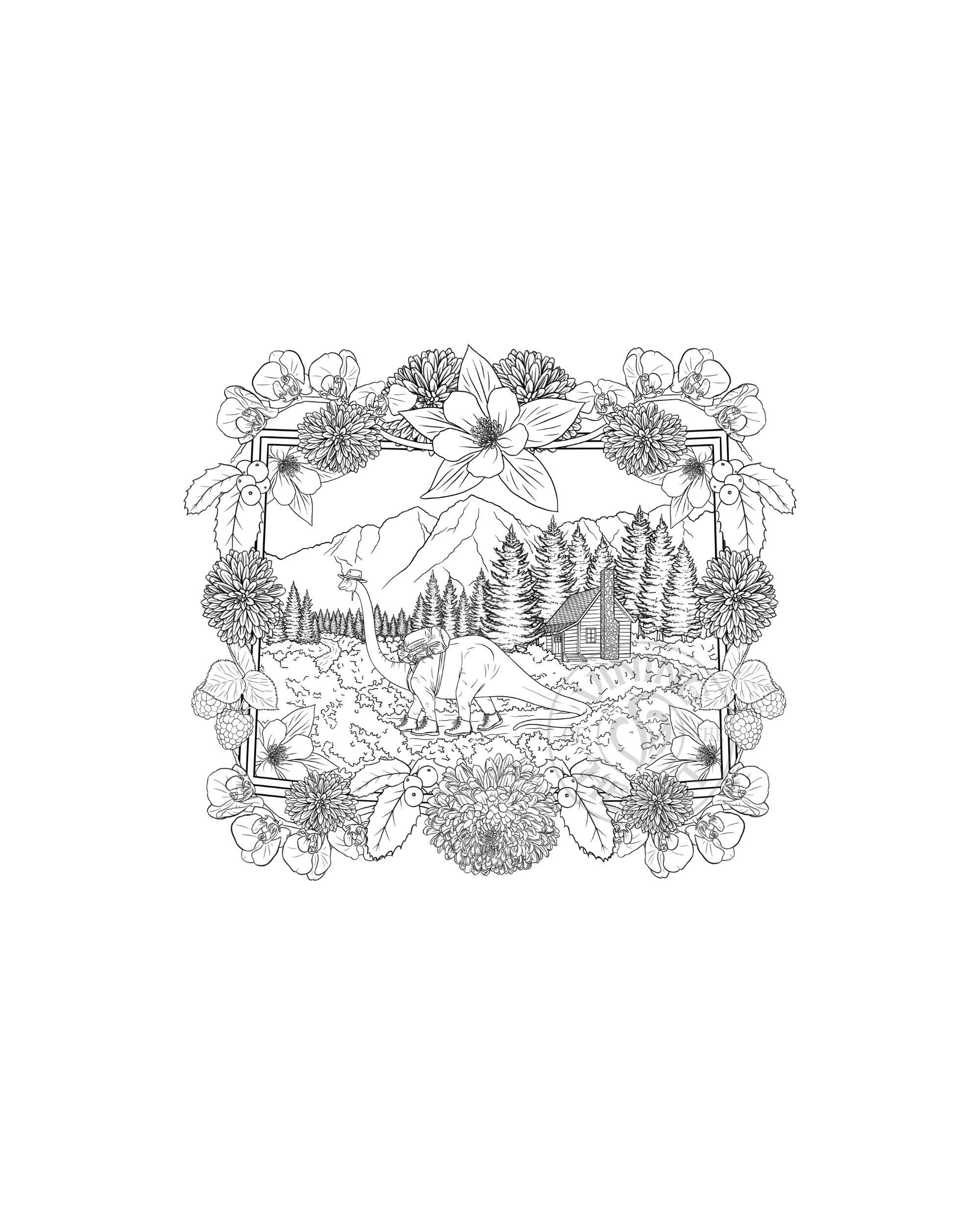 Dino Hike Coloring Page Digital Art Download, PNG, PDF, Dinosaur