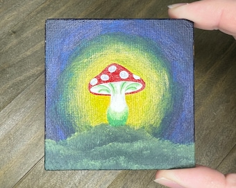 Pilz Mini Gemälde 3 Inch, Acryl Leinwand, Roter Pilz, Pilze Pop Art, kleines Original Gemälde