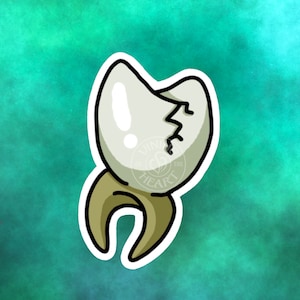 Puede incluir: Una ilustración de dibujos animados de un diente agrietado con un fondo verde y blanco. El diente es blanco con una grieta en el esmalte. El diente tiene una raíz verde.