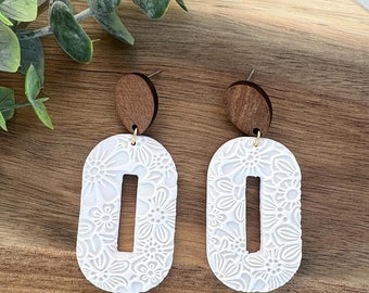 Handmade Clay Dangle Earrings, Wood Topped Wildflower Jewelry