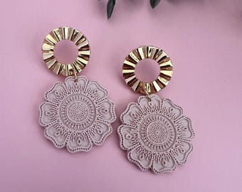 Pastel Floral Mandala Polymer Clay Earrings: Girly Dangle Jewelry