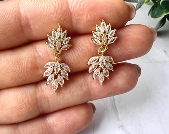 Golden Floral Zirconia Drop Earrings, Elegant Bridal Jewelry