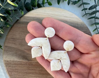Handmade Marble Polymer Clay Earrings: White & Gold Dangle, Boho Wedding