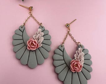 Green floral Dangle Earrings: Boho Statement Jewelry