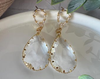 Golden Zirconia Bridal Drop Earrings, Lightweight Wedding Jewelry
