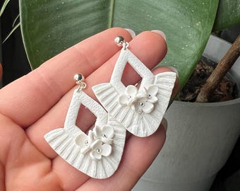 Handmade White Clay Flower Dangle Earrings, Boho Bridal Jewelry