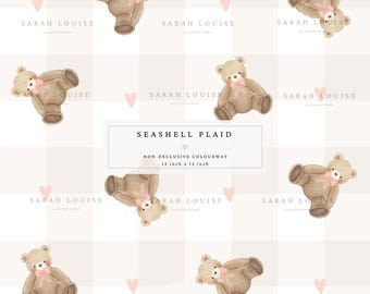 Baby Nursery Digital Fabric Pattern, Teddy Bear Seamless Print, Neutral Plaid Nursery Textile ,Children’s Fabric Design
