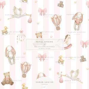 May include: Watercolor pattern featuring baby-themed illustrations on a pink and white striped background. Includes a stork, teddy bears, bunnies, hot air balloons, bows, and wooden blocks. The text reads "PETAL STRIPE" and "12 inch x 12 inch".