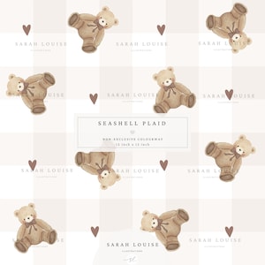 May include: A repeating pattern of watercolour teddy bears with bow ties on a light beige and white plaid background. The design includes small brown hearts and text that reads "SEASHELL PLAID" and "12 inch x 12 inch", equivalent to 30.48 cm x 30.48 cm.