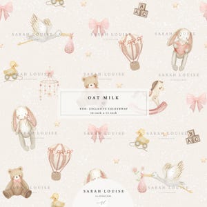May include: A repeating pattern with baby-themed illustrations. The design includes a stork carrying a bundle, teddy bears, bunnies, hot air balloons, bows, and toy blocks. The text "OAT MILK" and "12 inch x 12 inch" are also present (approx. 30 cm x 30 cm).