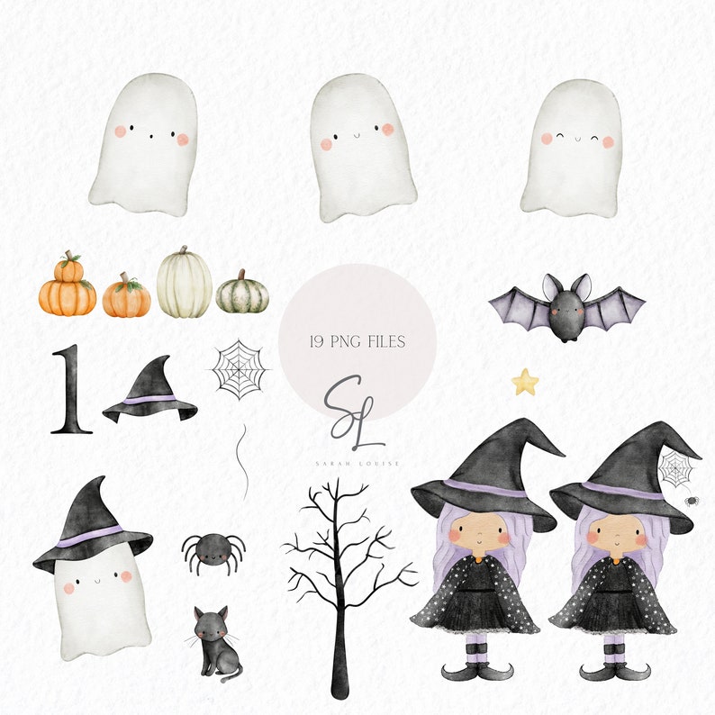 Może przedstawiać: Zestaw 19 cyfrowych obraz&oacute;w clipart o tematyce Halloween. Obrazy obejmują duchy, nietoperze, czarownice, pająki, dynie i drzewo. Obrazy są w stylu akwarelowym i idealnie nadają się do użycia w cyfrowym scrapbookingu, tworzeniu kartek i innych projektach rękodzieła.