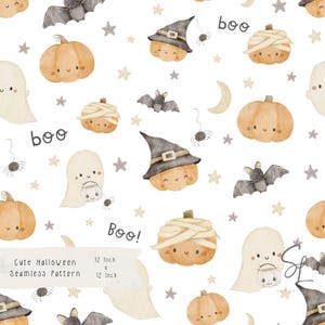 May include: A seamless pattern with adorable Halloween illustrations. The design includes pumpkins, ghosts, bats, spiders, stars, and the word "boo". The pattern uses soft, muted colours, creating a whimsical and festive aesthetic. The text in the image says "Cute Halloween Seamless Pattern" and the dimensions are 30.48 cm x 30.48 cm.