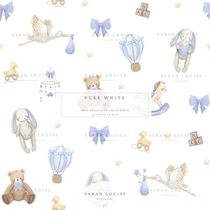 May include: A white background with watercolor illustrations of baby-themed objects. Includes a stork carrying a bundle, teddy bears, bunnies, a rocking horse, a hot air balloon, bows, and ABC blocks. The text reads "PURE WHITE" and "12 inch x 12 inch".